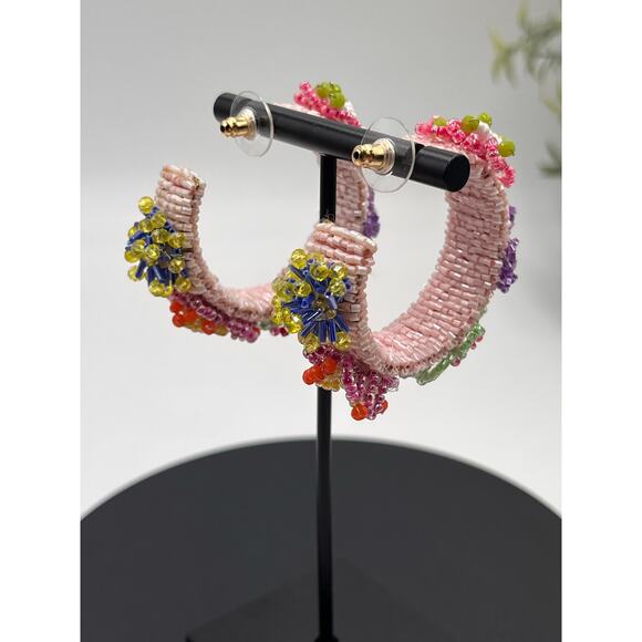 Mignonne Gavigan Designer Pink Lux Summer Beaded Pastel Flower Hoop Earring - Picture 2 of 11